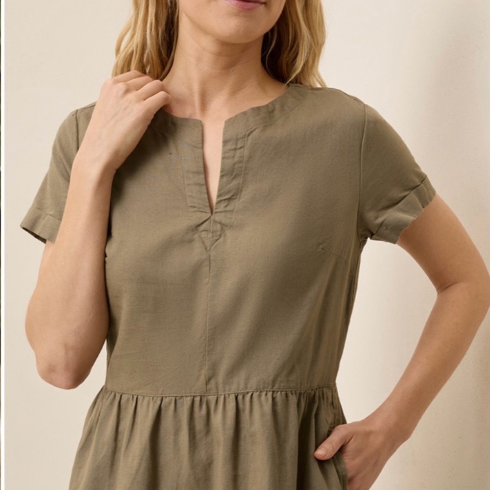 Pact Canopy Linen Blend Tiered Midi Dress Khaki Green Notch Neck XS NWOT - Picture 4 of 15